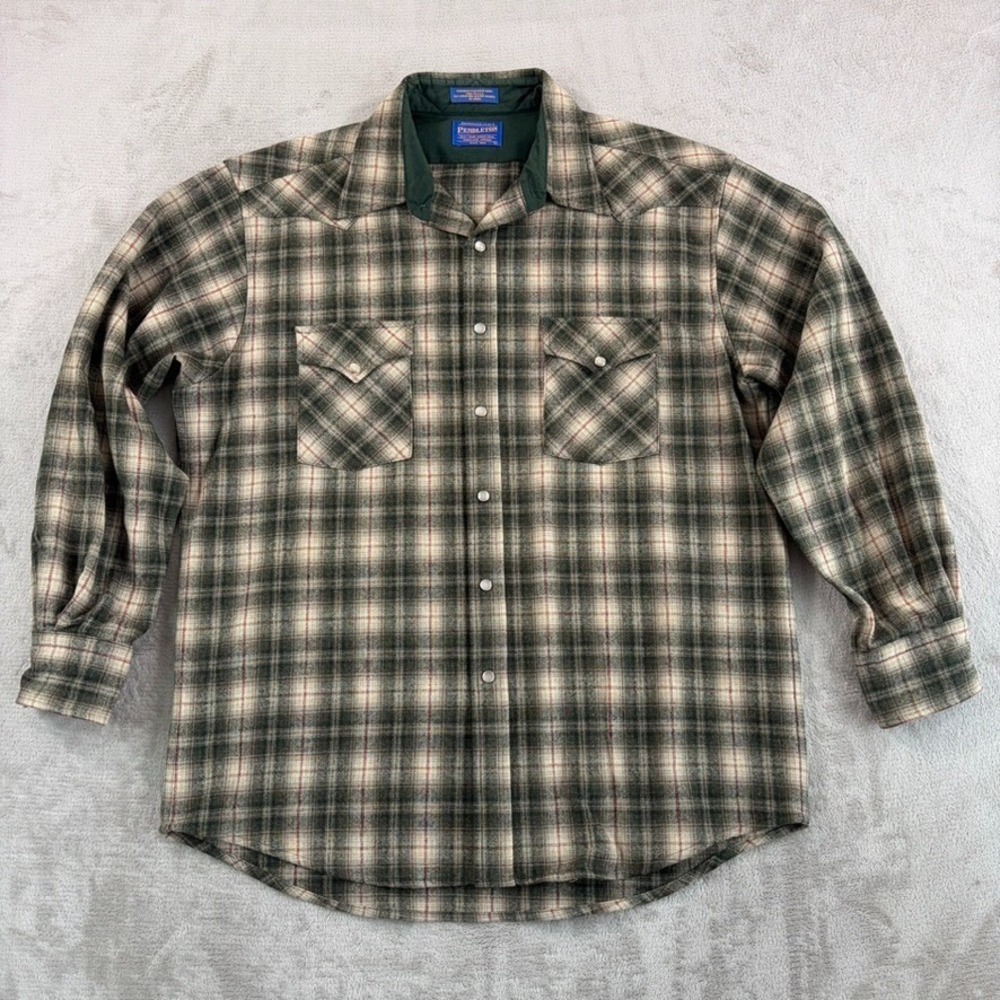 Vintage Western Pearl Snap 100% Pure Virgin Wool Shirt Green Beige Plaid Large